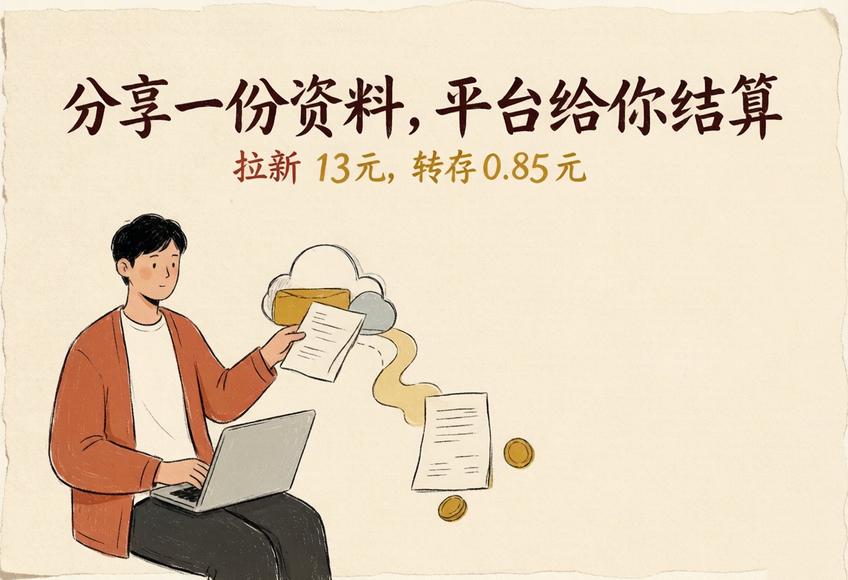 分享一份资料，平台给你结算。拉新 13 元，转存 0.85 元